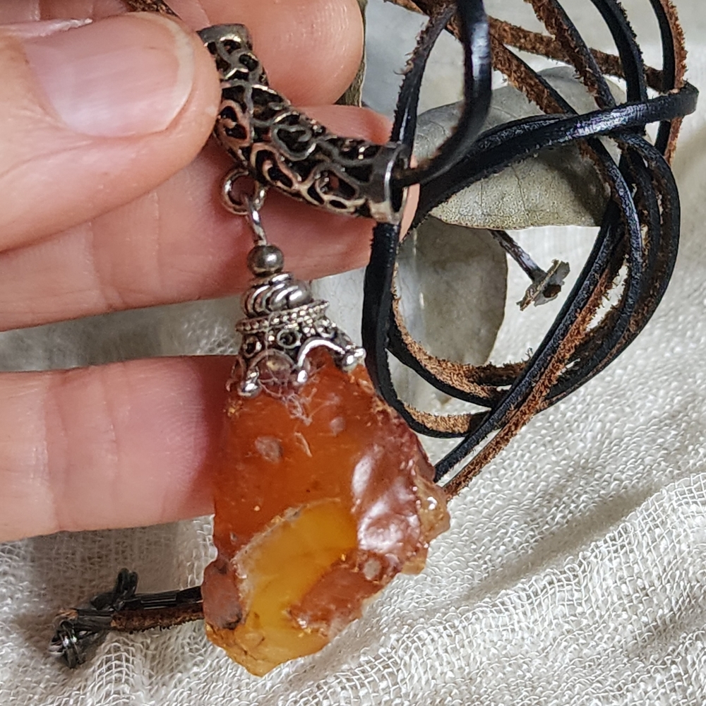 Amber Jewelry Boho Tribal Talisman AMBER NUGGET PENDANT Genuine Leather Cord